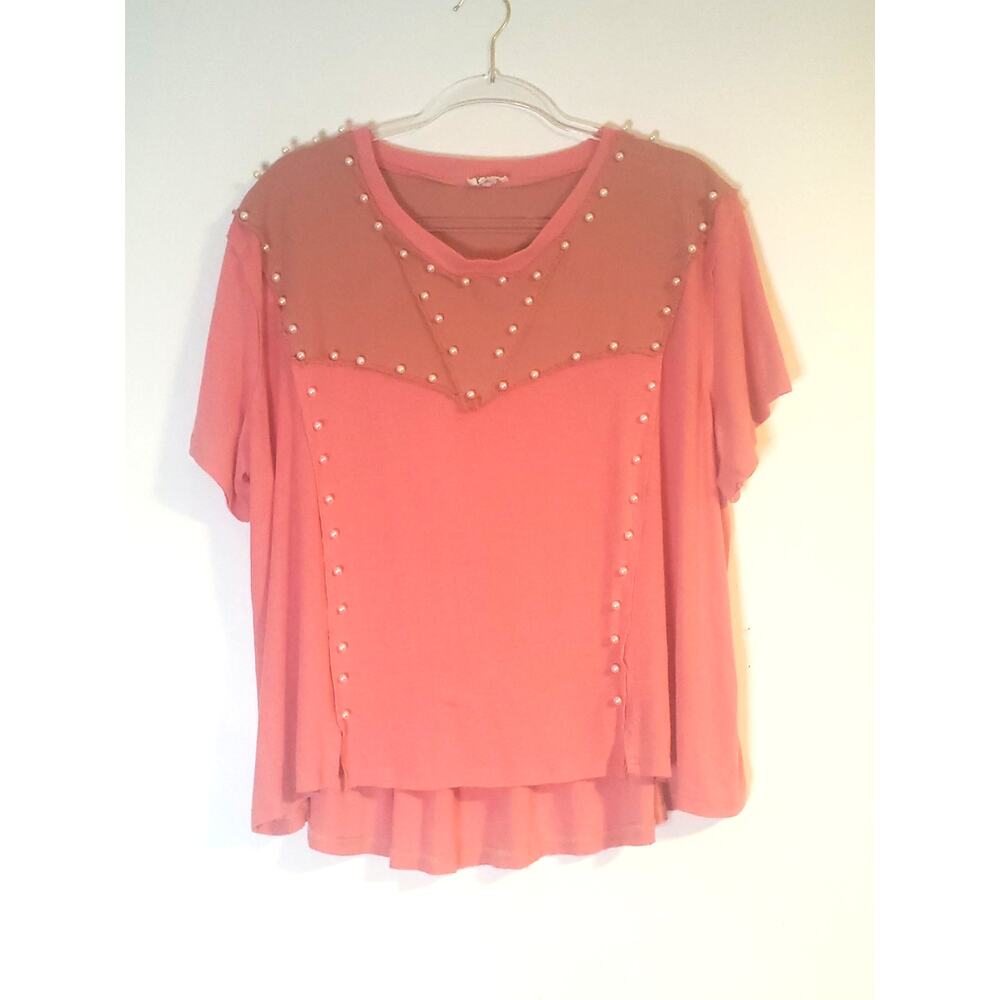 P.O.L Small Cowgirl Peach Top with Pearls short sleeve